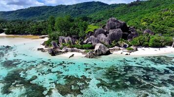 Aerial View of Anse Source d Argent in La Digue Island Victoria in Seychelles . Stunning Island. photo