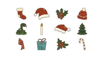 Pixel Christmas set of Santa Claus hat, fir tree, candle, snake, candy, scarf, gifts, berries.Design elements isolated on white background.Game development, mobile app.Happy New Year. vector