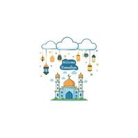 Welcome Ramadan with Mosque, Cloud and Lantern Element. vector
