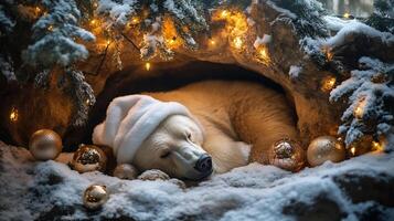 polar bear sleeping in a cave with christmas decorations photo