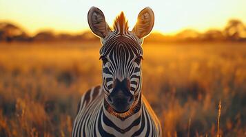 zebra standing in a field with the sun behind her photo