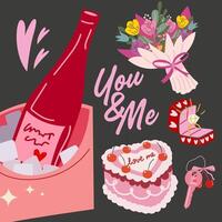 Valentines day elements retro cute set. Flat stickers for Valentines Day on February 14 vector