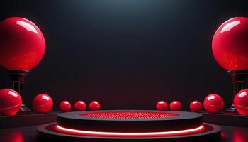 A red stage with several red balls on it photo