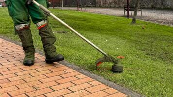 Worker trimming grass with string trimmer on pathway at park photo