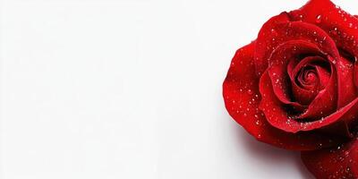 Elegant red rose with delicate petals and water droplets on white background for romantic gift or decor photo