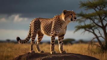 Side view of a cheetah on a rock photo
