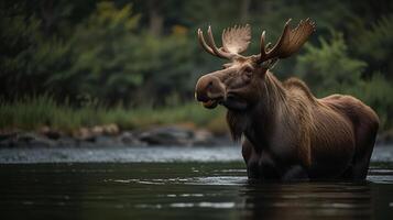 Moose standing in a lake photo