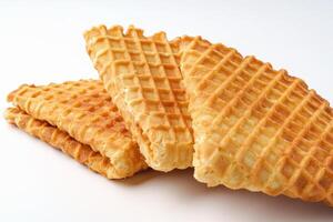 Waffles stacked neatly on a white surface showcasing their crispy texture and golden color photo