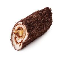 Chocolate roll cake filled with nuts and cream displayed on a clean surface photo