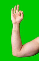 A hand making an okay gesture against a bright green background photo