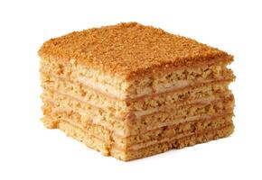 Delicious layered cake with caramel and cream filling served on a plain background photo