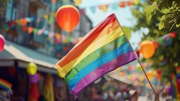 A rainbow flag is held by a person in a crowded street photo