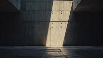 Sunbeams filtering through openings, creating dramatic light patterns on a textured concrete wall in a contemporary architectural space photo