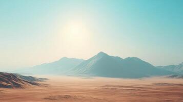 Scenic view of a tranquil desert landscape with mountains under a clear sky and bright sun photo