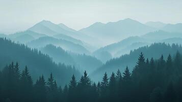Layers of pine forest and mist create a tranquil and atmospheric scene in the mountains photo