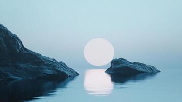 Surreal landscape featuring a large, glowing sun rising or setting over a tranquil sea with dark rocks, creating a serene and minimalist scene photo