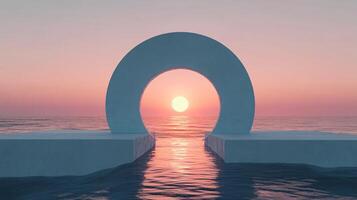 3d rendering of a minimalist podium emerging from the ocean, featuring a circular gate perfectly framing the setting sun, creating a serene and ethereal atmosphere photo