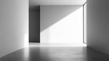 Sunlight illuminates empty modern room with white walls and polished concrete floor photo