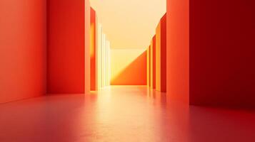 Sunlight illuminating empty orange minimalist corridor with light passing through walls photo