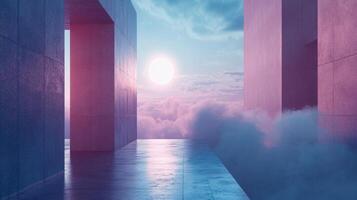 Futuristic concrete architecture emerging from pink and blue clouds with a setting sun photo