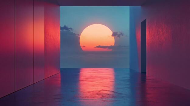 Sunset reflecting on the floor of a minimalist empty room with a large window overlooking the ocean photo