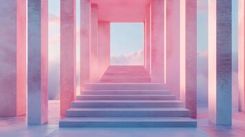 White staircase leading to sky through pink colonnade in a surreal dreamy landscape photo