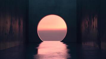 Empty room with circular window showing beautiful pink sunset photo