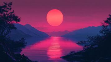 Vibrant pink and purple sunset over a serene lake with mountains in the background, creating a tranquil and colorful scene photo