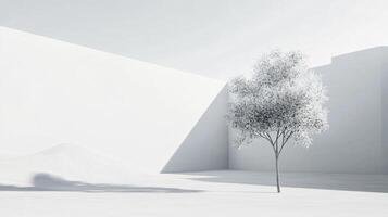 Surreal white minimal scene with a small tree growing in the middle of an empty space surrounded by walls photo