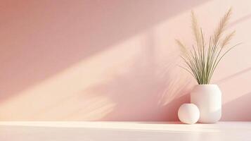 Minimalist pink interior with pampas grass in a white vase, creating a calming and stylish atmosphere photo