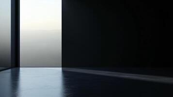 Empty dark room with large window overlooking foggy landscape at sunrise photo