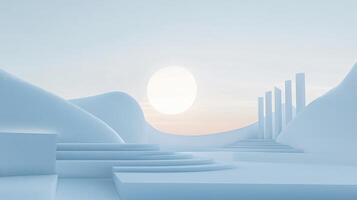 Abstract 3d rendering of geometric shapes, stairs and columns under big sun photo