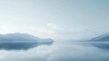 Serene lake mirroring mountains and sky creating a tranquil and minimalist landscape photo