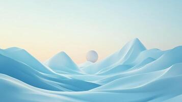 Serene 3d rendered landscape featuring smooth, rolling hills in shades of blue under a soft sunrise glow, with a floating sphere adding a touch of surrealism photo