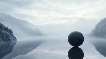 Matte black sphere with reflection floating on misty lake in mountainous landscape photo