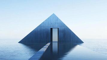 Concrete pyramid rising from the ocean with an open door and a walkway leading to it, creating a mysterious and surreal atmosphere photo