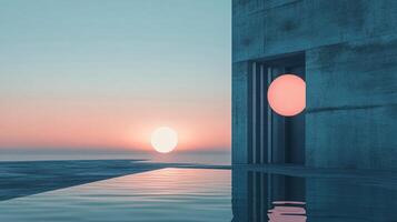 Pink sphere glowing inside modern concrete building at sunset over a body of calm water, creating a serene and futuristic atmosphere photo