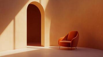 Modern interior design featuring an orange armchair in a sunlit room with an archway, creating a warm and inviting atmosphere photo