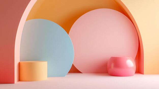 Geometric shapes and podiums create a colorful and minimalist abstract background, ideal for showcasing products photo