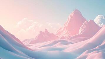Pink mountain peaks rising from a pastel desert landscape under a cloudy sky create a surreal and dreamy atmosphere photo