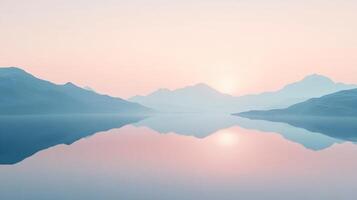 Serene landscape featuring a pink sunrise reflecting on a calm lake, with misty mountains in the background creating a peaceful atmosphere photo