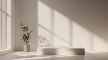 Minimalist white product display podium in empty room with potted plant and window light casting shadows photo