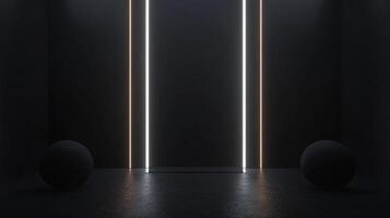 Two spheres are placed on each side of two bright vertical neon lights in a dark room photo
