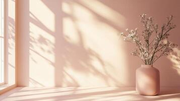 Minimalist interior design with white flowers in pink vase on wooden table near window, illuminated by sunlight, creating shadows on the pink wall photo