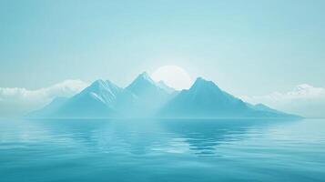 Serene landscape featuring snow capped mountain peaks reflected in calm water under a soft sunlight, creating a peaceful and minimalist atmosphere photo