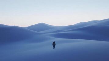 Lonely hiker walking in vast blue desert landscape at dusk photo