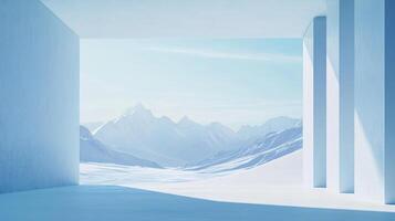 Empty modern space overlooking a majestic snowy mountain range, creating a serene and inspiring atmosphere photo