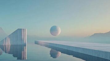 Minimalist 3d render of concrete structures rising from still water under a pastel sky, featuring a floating sphere and misty mountains photo