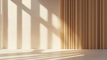 Sunlight streams into a minimalist room, casting shadows on a wall and highlighting a textured wooden partition photo