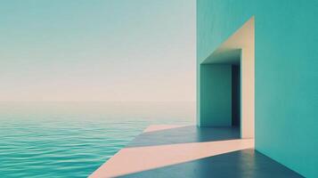 Minimalist architecture with pastel colors overlooking a calm ocean at sunrise, creating a serene and luxurious atmosphere photo